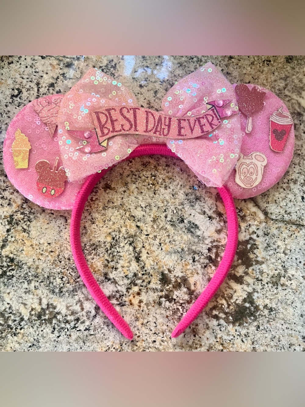 Pink Sequin Kids “Mickey Mouse” Ear Headband with 'Best Day Ever' Banner